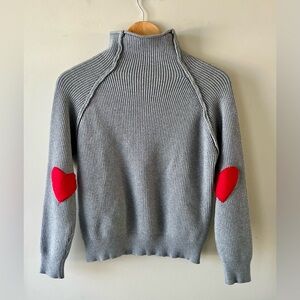 Gray Heart Elbow Patch Sweater Size S/M Mock Neck Thick Ribbed - Valentine's Day